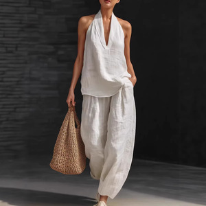 Ensemble de costume en lin pour femmes, blanc, col halter, col en V, sans manches, pantalon décontracté, tailles S M L XL XXL XXXL, style Europe Amérique - Product Image 1
