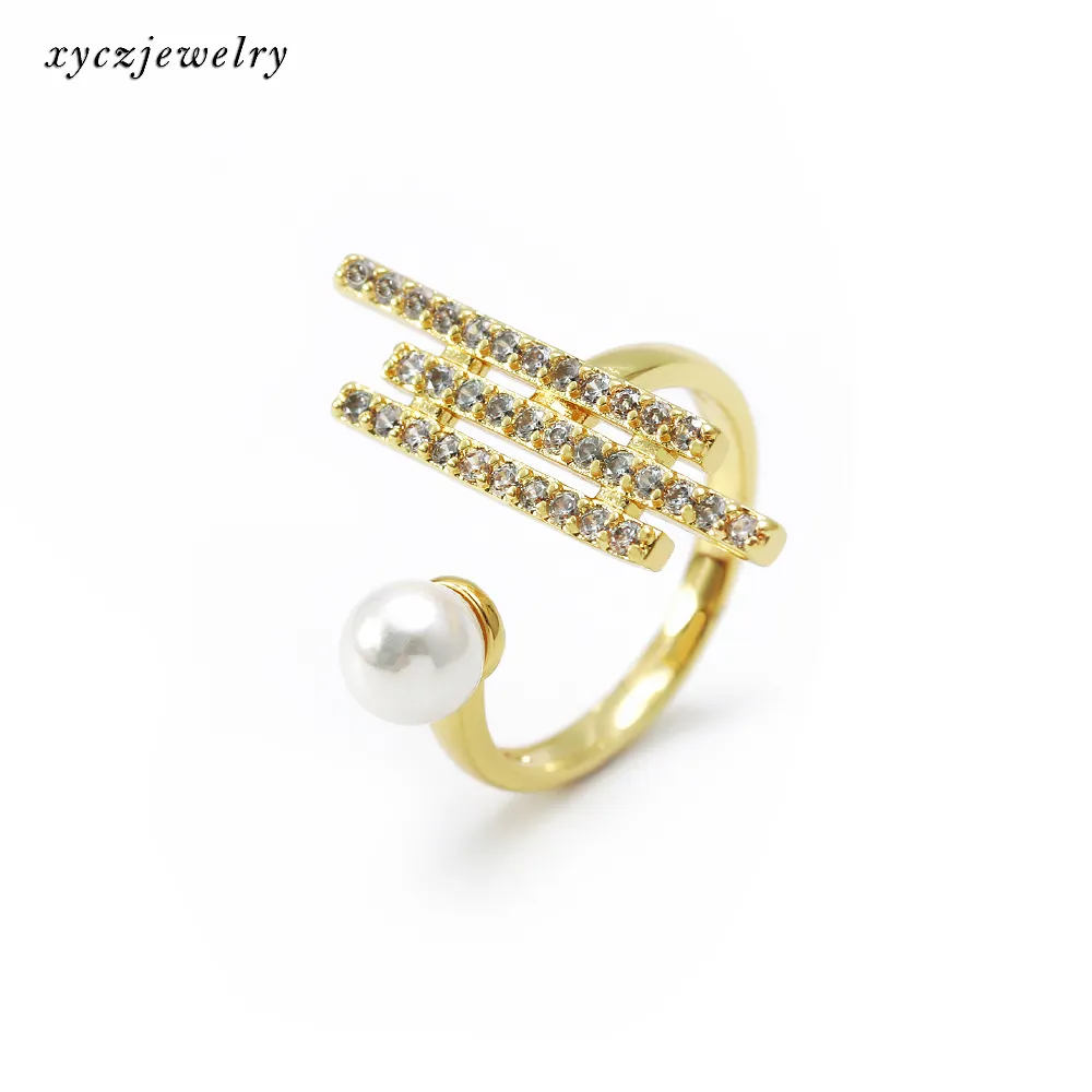 Dubai de perlas de moda zirconia latón forma de línea de joyas chapado en oro anillos de compromiso