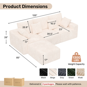 Sofá Seccional Modular en Forma de L con Chaise Longue, Tapizado en Corduroy, Asiento Profundo, Espuma de Alta Densidad para Sala de Estar/Apartamento - Product Image 6