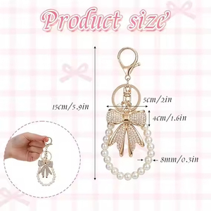 Bow Keychain White Rhinestone Bowknot Keychain Imitation Pearl Chains <b>Sparkly</b> Bow Purse Charm <b>Bag</b> Charms for Handbags Purse - Product Image 2