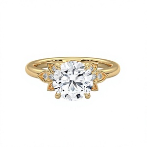 Anillo de compromiso floral de oro amarillo de 14 quilates con diamante redondo cultivado en laboratorio y detalles laterales de hoja, anillo solitario de diamante para mujer - Product Image 3