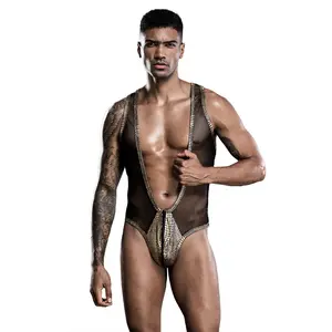 Mannen Sexy Ondergoed Goud Eendelig Open Bestand Jumpsuits Jarretel Uniform Nachtclub Bindband Bodysuits
