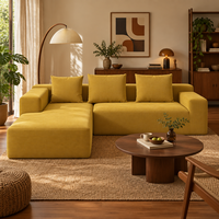 Canapé d'angle en velours jaune en forme de L, design moderne, trois places, modulaire, sectionnel, garni d'éponge, emballage sous vide, pour usage hôtelier, livré en boîte
