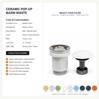 Bonde de lavabo universelle G1-1/4 en céramique blanche anti-colmatage avec système click-clack pour évacuation d'eau de lavabo