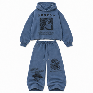 Tuta da uomo vintage lavata a due pezzi, con felpa cropped con bordo grezzo <span class=keywords><strong>e</strong></span> pantaloni della tuta a <span class=keywords><strong>gamba</strong></span> larga, set oversize con stampa grafica - Product Image 3