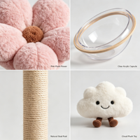 Arbre à chat BloomPod 96 cm de luxe moderne avec 4 niveaux, perchoirs en peluche rose, bol en acrylique transparent, poteaux en sisal, jouet nuage et garniture en fourrure