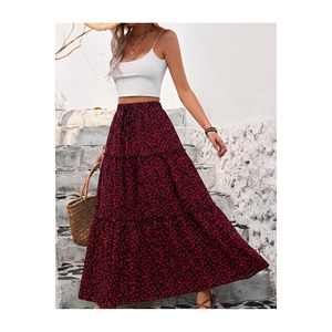 Jupe longue en viscose à volants pour femmes, taille plus, longueur 100 cm, jupe longue fluide à plusieurs niveaux, imprimé floral, pour l'été, tenue décontractée - Product Image 1