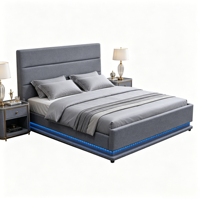 Lit Queen Size Moderne Minimaliste en Tissu Gris avec Rangement à Tiges de Pression, Sac de Rangement Souple et Éclairage Ambiant LED Intégré