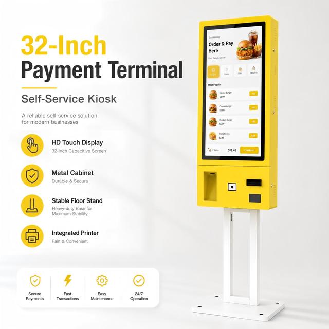 32 Inch Yellow Self Service Payment Kiosk with Touch Screen QR Scanner Barcode Reader SDK Enabled Windows/Android OS