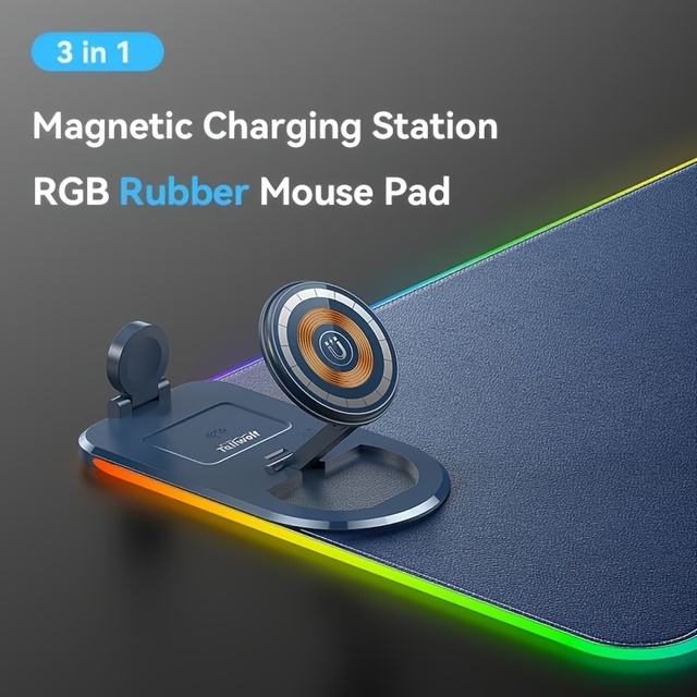 15W 3 in 1 Wireless Charging Mouse Pad Gaming Mousepad Desk Mat with Phone Holder,Magnetic Charging Station RGB Rubber Mouse Pad