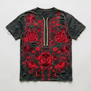 T-shirt vintage délavé à fleurs brodées, manches courtes, col rond, coton, streetwear - Product Image 1