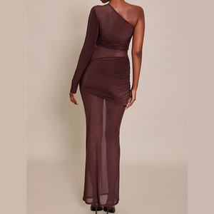 Vestido Maxi Elegante Personalizado para Mujer, Color Chocolate, con Detalles de Malla Recortada, de Una Manga, para Fiesta o Club, Ajustado, de Manga Larga, Minifalda Maxi - Product Image 2