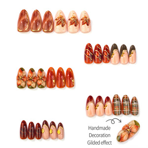 Uñas postizas de almendra para otoño/invierno, 30 piezas, con diseño 3D de flores degradadas, efecto manchado, cuadros y lámina dorada, para manicura DIY moderna. - Product Image 3