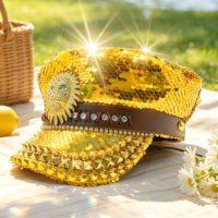 Chapeau de Capitaine Personnalisé Unisexe Décontracté de Plage avec Tête de Lion à Paillettes Dorées et Strass, Fournitures de Fête de Luxe pour Burning Man, Vente en Gros, MOQ 3