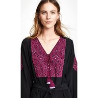 Robe mi-longue bohème noire décontractée manches 3/4 Smock devant Wrap tissu crêpe brodé grande taille a-ligne avec taille naturelle