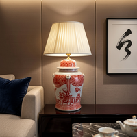 Lampe de table style Hampton, chinoiserie rouge et blanche, pot à gingembre avec scène peinte à la main, pour chambre de ferme ou table de chevet