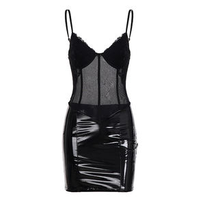 Vestido Mini Sexy de Color Sólido Ecológico, de Cuero PU y Encaje con Malla, con Cintura Natural para Fiesta - Product Image 6