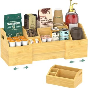 Caja de almacenamiento de bambú para escritorio con múltiples compartimentos, organizador extensible para refrigerios, soporte para vasos de papel y condimentos para mostrador de cafetería - Product Image 5