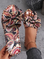 Sandales plates décontractées pour femmes, tendance mode, avec empeigne en toile imprimée, bout ouvert, semelle en caoutchouc antidérapante et nœuds, pour l'extérieur, vente en gros