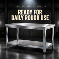 Table de préparation robuste à deux niveaux en acier inoxydable - Capacité de charge de 800 kg/m - Extensibilité modulaire - Bords renforcés - Pieds carrés