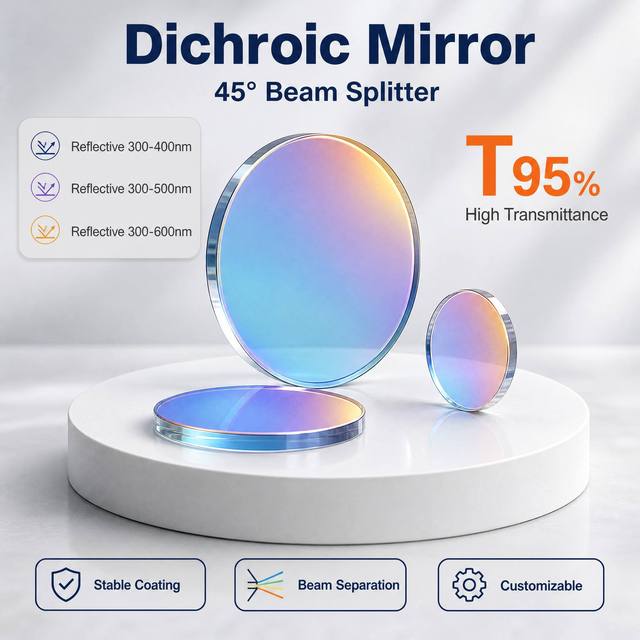 45 Degree Optical Dichroic Mirror R99% UV Band T95% High Transmission VIR IR Band Beam Splitter Mirror for Lab Optical Equipment