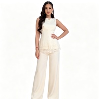 Ensemble coordonné 2 pièces pour femme : Haut sans manches à ourlet en dentelle florale et pantalon évasé, avec étiquette personnalisée Sehe Fashion