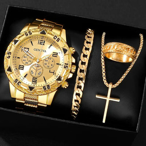 Ensemble <span class=keywords><strong>Montre</strong></span> à Quartz en Acier et <span class=keywords><strong>Bracelet</strong></span> en Alliage d'Or pour <span class=keywords><strong>Homme</strong></span> avec Collier et Bague - Cadeau d'Anniversaire pour Lui - Product Image 2