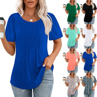 2025 été à manches courtes femmes T-Shirt Logo personnalisé décontracté col évidé hauts Blouses plissés t-shirts