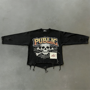 Camiseta de manga larga para hombre, estilo vintage, con efecto desgastado, estampado digital personalizado, lavado ácido, gráfico, talla grande, para primavera - Product Image 1