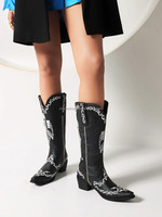 Bottes hautes pour femmes CHENO, logo personnalisé, noires, style gothique punk, broderie de crâne, style western cowboy, grunge, vente en gros OEM