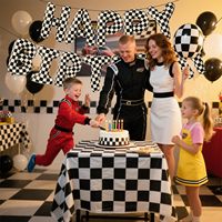 Ensemble de ballons en feuille et bannière thème course Joyeux Anniversaire, à carreaux noirs et blancs, pour décoration de fête de garçons, fournitures intérieures et extérieures