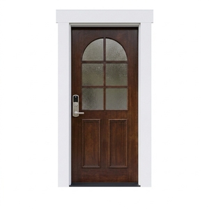 Puerta principal de estilo americano que combina paneles de madera y vidrio curvo, con una elegante cerradura inteligente para mayor seguridad. - Product Image 1