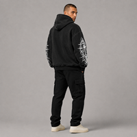 Sweat à capuche personnalisé imprimé gothique Ailes d'ange et Croix, délavé à l'acide, noir, coupe oversize, épais, épaules tombantes, style streetwear, 100% coton, automne