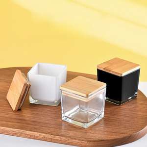 โหลเทียนขนาด80มล. 135มล. 300มล. 640มล. ทรงสี่เหลี่ยมสีดำสีขาวแบบกำหนดเองพร้อมฝาไม้ไผ่ - Product Image 4