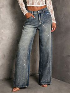 LTD-MTR1001 Guangzhou Clothing Manufacturer Custom High Quality Shiny Rhinestone <strong>Baggy</strong> <strong>Ladies</strong> <strong>Jeans</strong> Flared Women <strong>Jeans</strong> - Product Image 1
