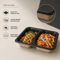 Barquettes en bagasse laminées CPET noires sans PFAS, résistantes à la chaleur, haute barrière, compostables, pour repas surgelés, emballage MAP, faible coût d'outillage