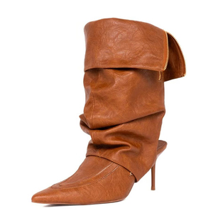 Women Pointed Toe Pleated Mid Calf Booties Back Cut Half Knee High Boots Wide Fit Top Turn Over Big Size 46 High Heels <b>Shoes</b> - Product Image 4