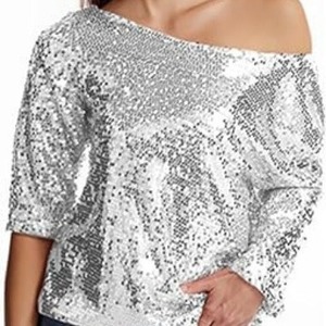 Women's Off Shoulder <b>Sequined</b> Blouse Gold Black Pink Burgundy Silver Polyester Party Shirt Loose Fit One Shoulder <b>Top</b> - Product Image 5