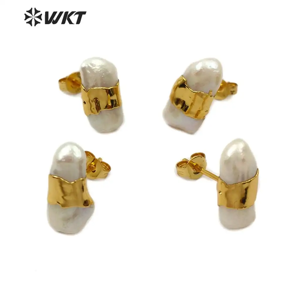 WT-E569 प्राकृतिक मीठे पानी पर्ल स्टड कान की बाली सोने के साथ Electroplated संवर्धन बाली फैशन समुद्र खोल महिला के लिए गहने