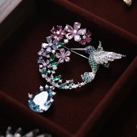 Bros Hummingbird Mikro Berlapis Tembaga dengan Zirkon Warna-warni, Liontin Bunga, Hadiah Pernikahan/Pertunangan Wanita