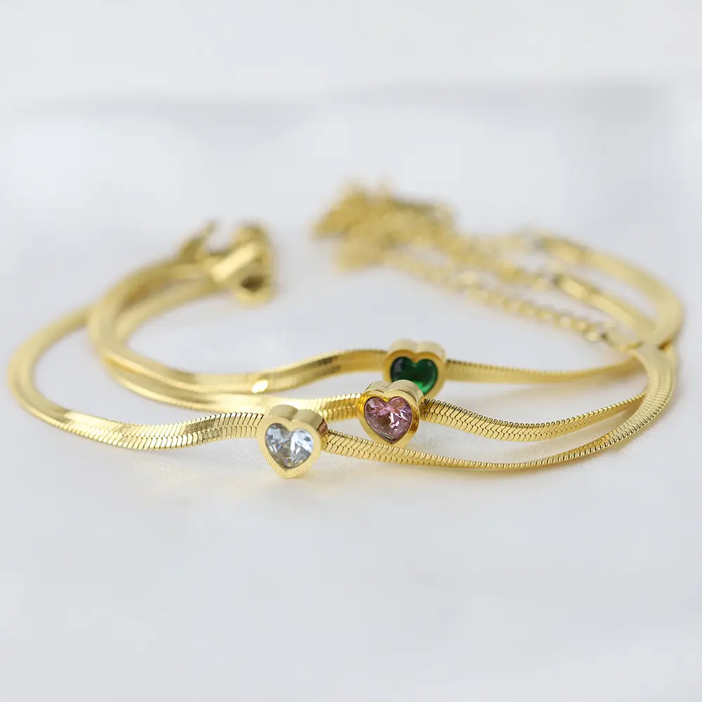 Vòng Tay Dây Chuyền Hình Rắn Đá Zircon Hình Trái Tim Màu Hồng Màu Xanh Lá Mạ Vàng 14K Thời Trang Pháp Cho Nữ