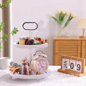 Bandeja rústica de madera con cuentas, soporte de frutas de dos niveles para mesa, soporte redondo de madera para postres y pasteles, decoración para mesa. - Product Image 4