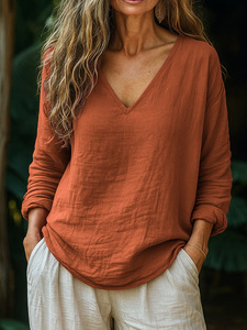 Nuova Collezione Estiva: <span class=keywords><strong>T</strong></span>-<span class=keywords><strong>Shirt</strong></span> Casual da <span class=keywords><strong>Donna</strong></span> con Scollo a V, Maniche Lunghe <span class=keywords><strong>in</strong></span> <span class=keywords><strong>Lino</strong></span>/Cotone/Poliestere, Vestibilità Comoda, Personalizzabile - Product Image 1