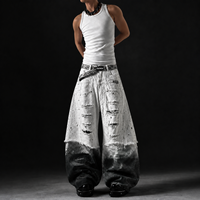 DiZNEW Jeans Baggy Homme Personnalisés Streetwear Noir Blanc Dégradé, Pantalon en Denim Large à Panneaux Superposés et Découpés, Usine BSCI