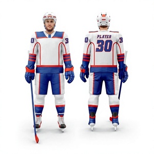 Ensemble de maillots de hockey sur glace unisexe personnalisés, blanc, bleu, rouge, sublimé, col en V, manches longues, évacuation de l'humidité, séchage rapide, antibactérien, sport - Product Image 1