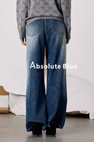 Jean ample vintage bleu foncé pour femme, taille haute, longueur ras du sol, avec accessoires de qualité supérieure