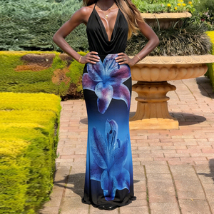 เดรสยาวลายดอกไม้สไตล์วันหยุดฤดูร้อน คอวี แต่งผ้าแบบแพทช์เวิร์ค เปิดหลัง เซ็กซี่  รัดเอว - Product Image 1