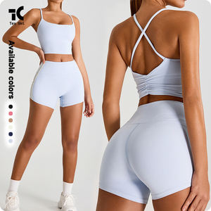 Soutien-gorge de sport pour femme, style <span class=keywords><strong>euro</strong></span>-américain, fines bretelles croisées, froncé, dos ouvert, respirant, séchage rapide, antichoc, pour la course à pied et le fitness - Product Image 2