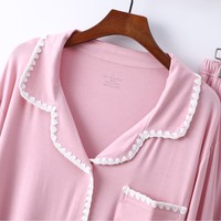 Ensemble de pyjama pour femme SUHE PJ-051 en modal à manches longues, col brodé, vêtements de détente tricotés printemps/été, uni, 2 pièces, shorts