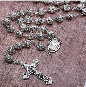 Rosario Católico Retro con Cuentas de Rosa y Cruz, Collar de Aleación de Zinc, Joyería Cristiana, Regalos para Iglesia, Venta al por Mayor - Product Image 4